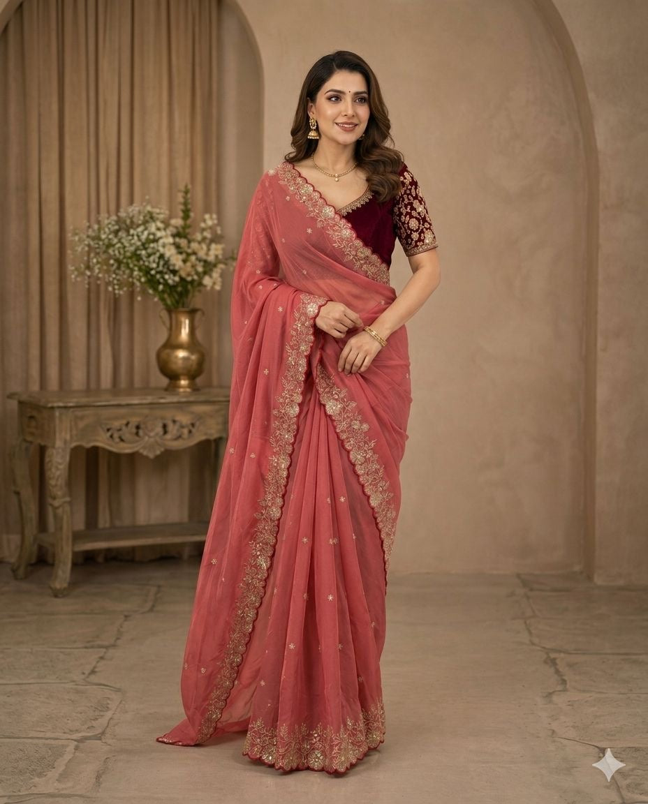 Star Georgette Sequence Rose Gold Saree