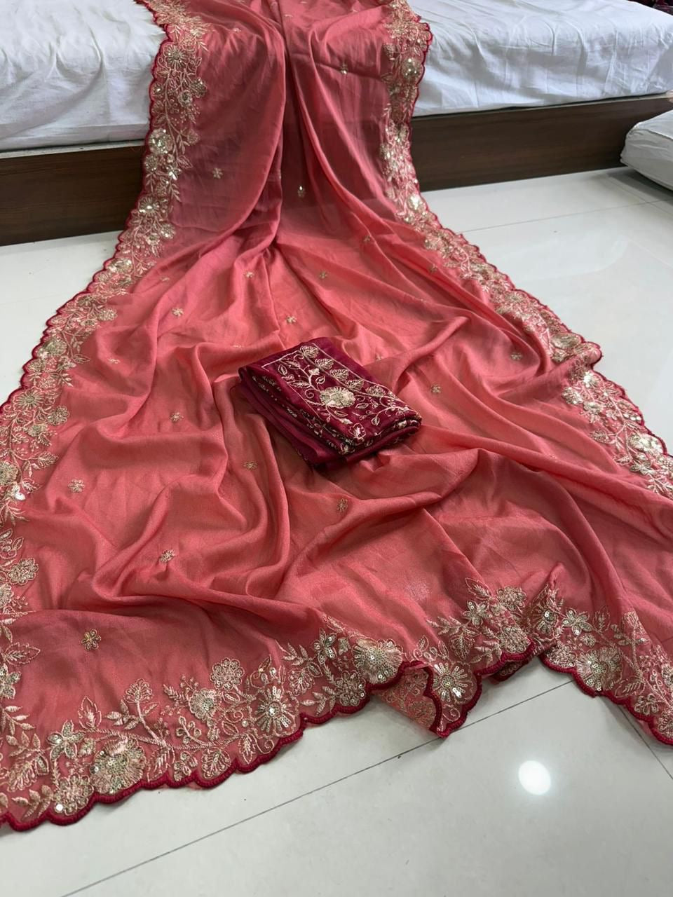 Star Georgette Sequence Rose Gold Saree