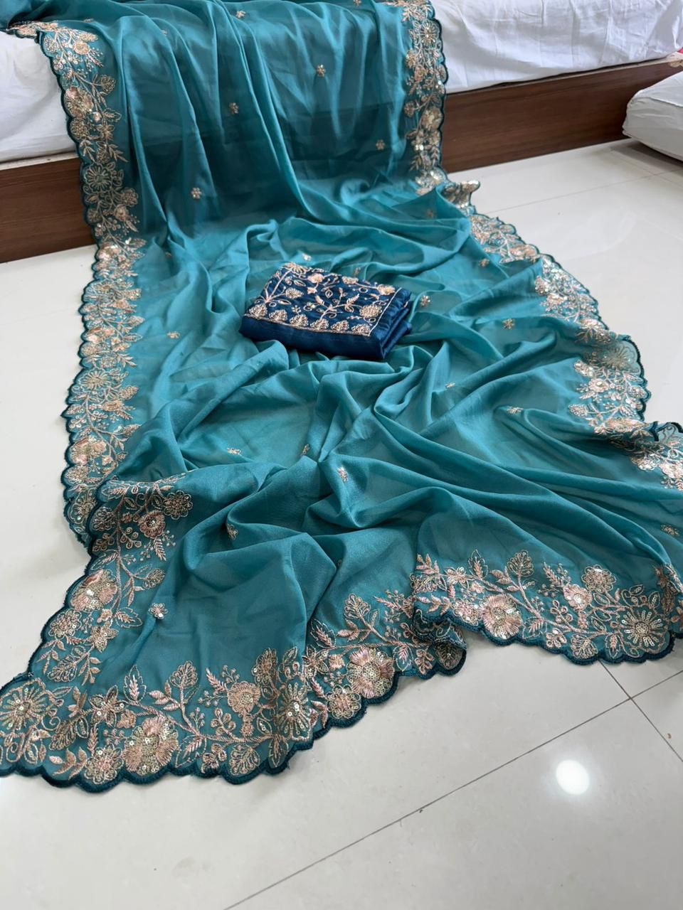 Star Georgette Sequence Rose Gold Saree