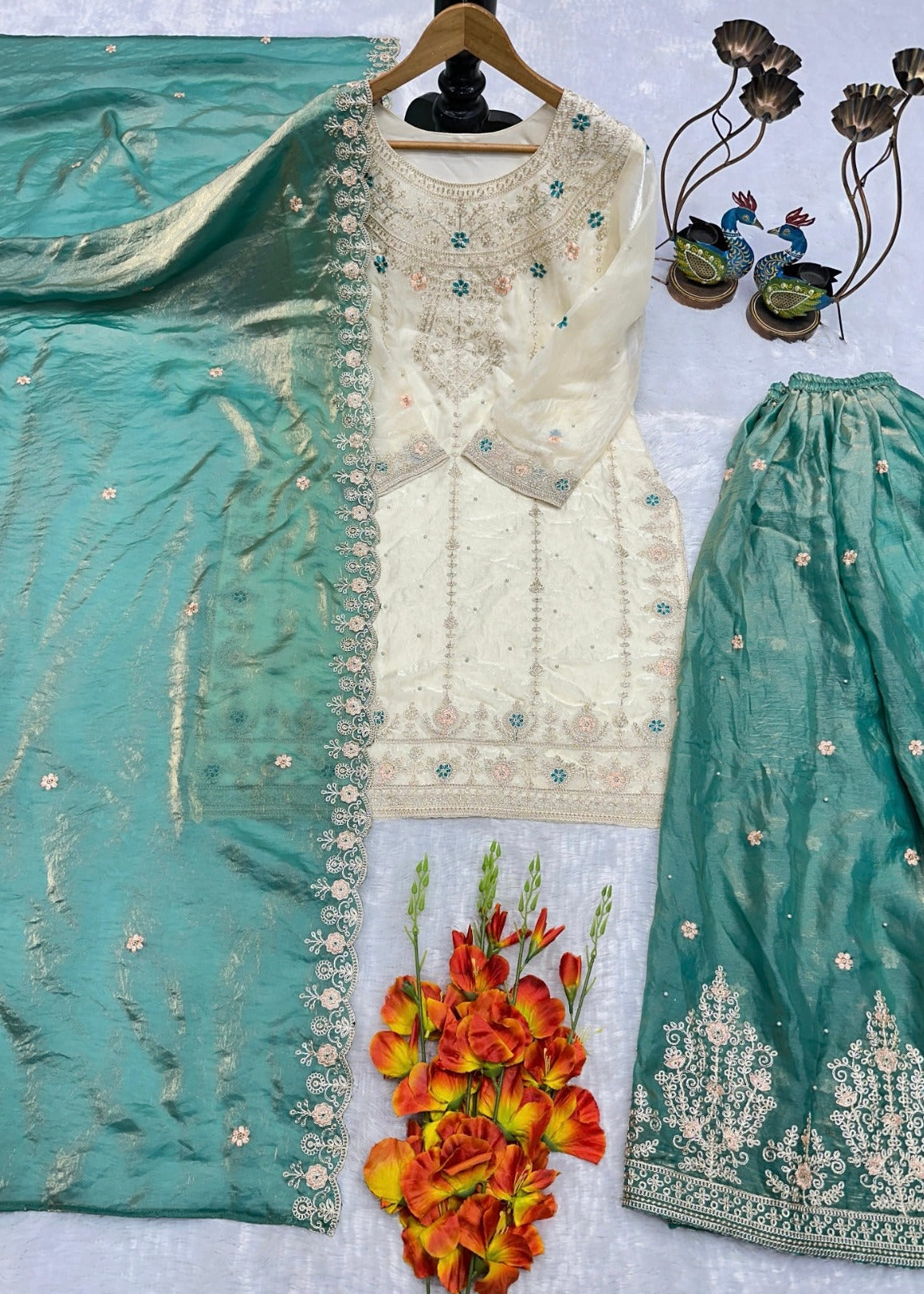 White Embroidered Silk Kurta Set