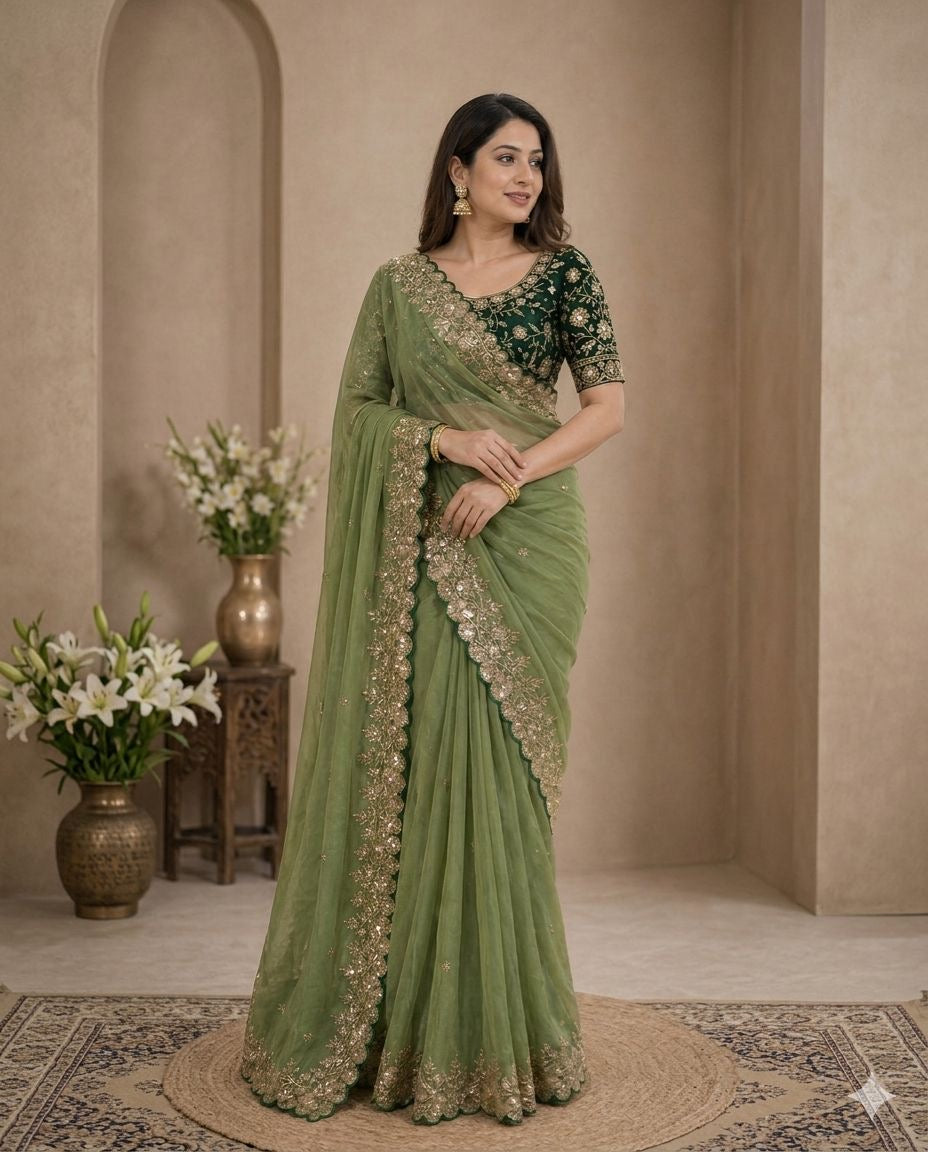 Star Georgette Sequence Rose Gold Saree